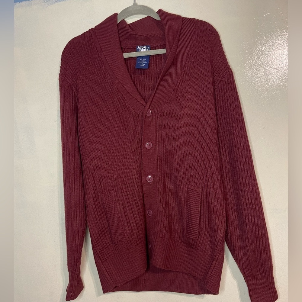 Men’s John Blair thick fisherman’s knit cardigan size S in maroon preppy